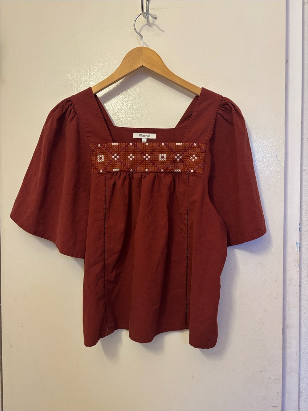 Madewell Rust Embroidered Square-Neck Peasant Blouse